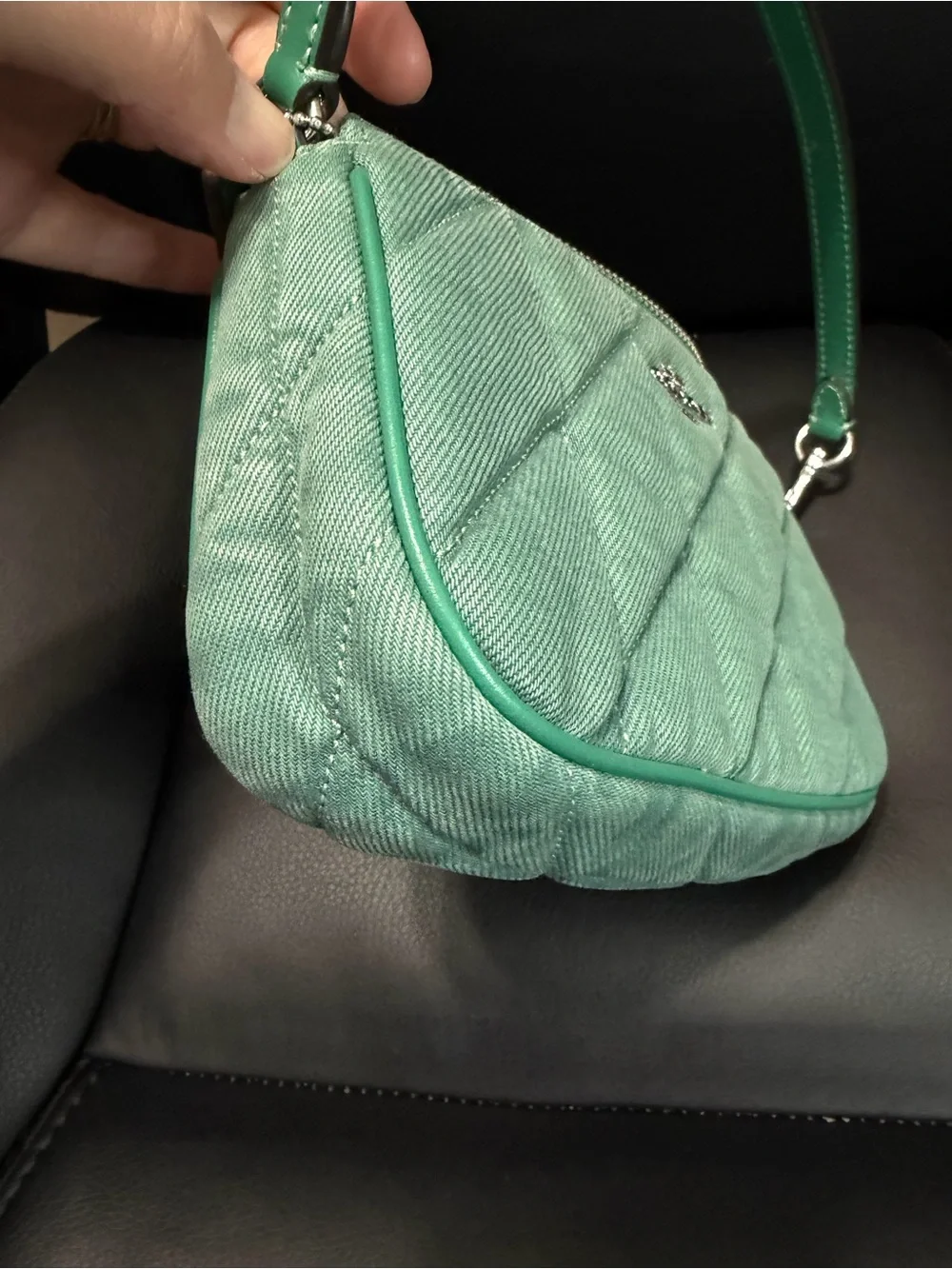 Coach Nolia Green denim silver hardware wristlet/mini bag